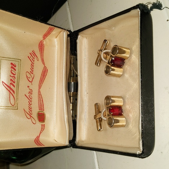 Hickok Signed 1940s Mid Century Ruby Gold Tone Men's Cuff Links Jewelry - Picture 3 of 10